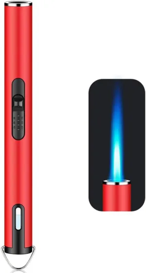 Jet Torch Lighter, Refillable Butane Lighter with Visible Window, Windproof Candle Lighter for BBQ, Camping, Stove, Kitchen Cooker, Hobs, Men Gifts (Gas Not Included) (Red)
