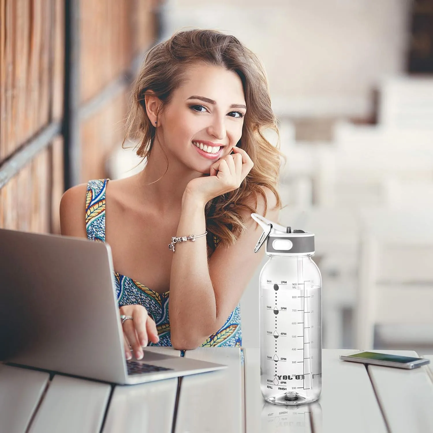 JIMACRO Water Bottle, Bottled Joy 1 Litre Water Bottle with Straw and Handle BPA-Free, 32 Oz Daily Water Intake Bottle with Time Markings Tracker to Remind The Drinking Time, Ideal for Hydration