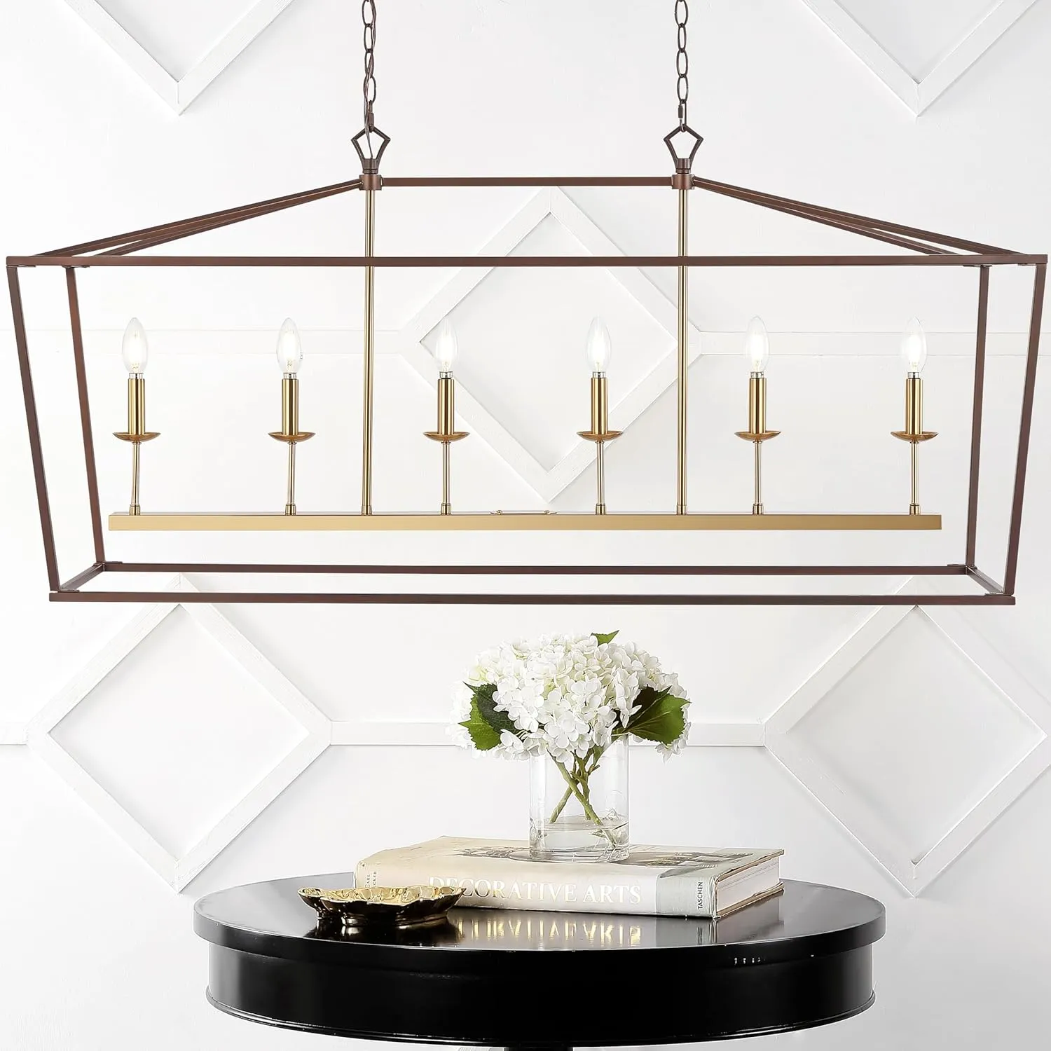 JONATHAN Y JYL7439D Pagoda 49" 6 Light Linear Classic Traditional Metal LED Pendant Farmhouse Dining Room Living Room Kitchen Foyer Bedroom Hallway, 49 in, Oil Rubbed Bronze/Brass Gold