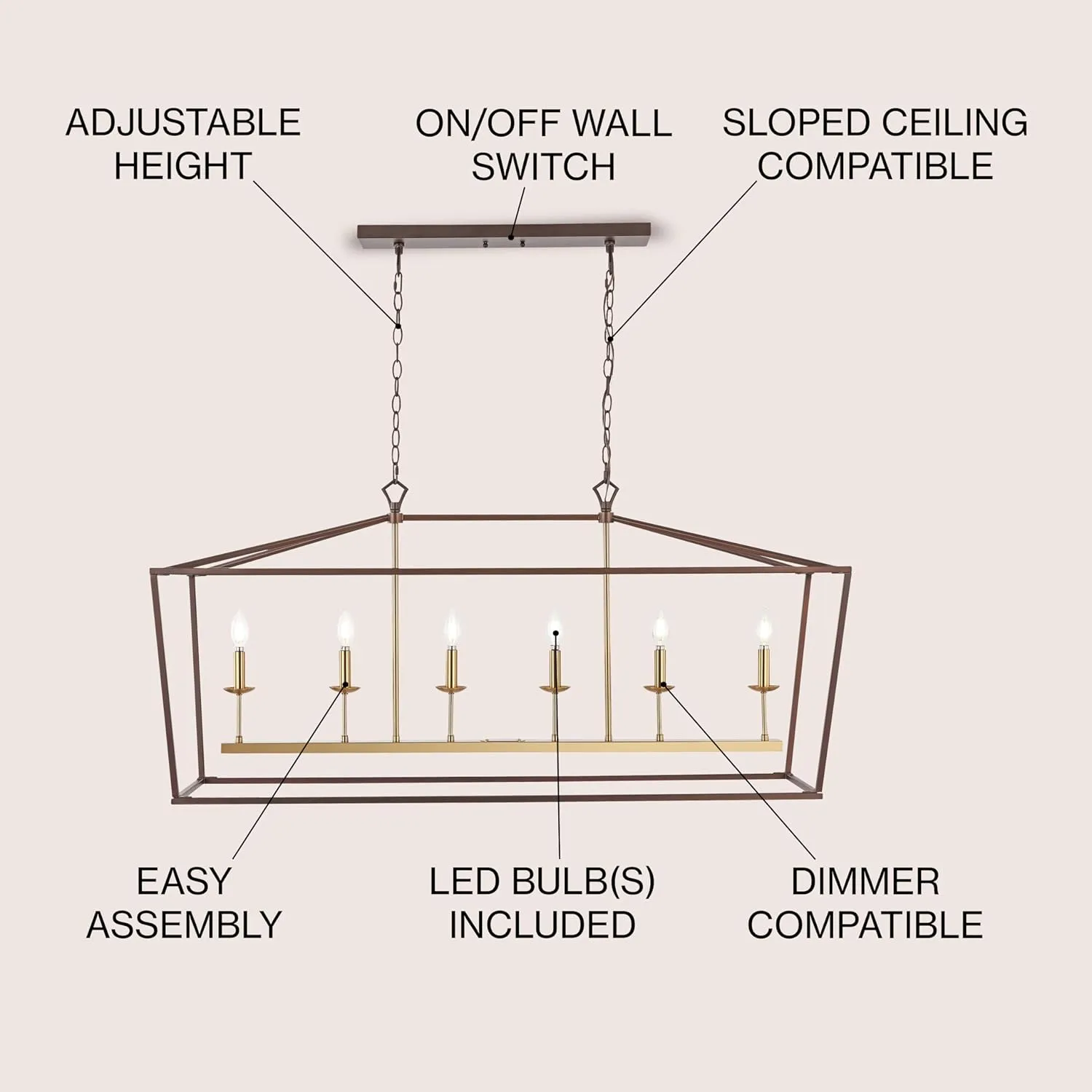 JONATHAN Y JYL7439D Pagoda 49" 6 Light Linear Classic Traditional Metal LED Pendant Farmhouse Dining Room Living Room Kitchen Foyer Bedroom Hallway, 49 in, Oil Rubbed Bronze/Brass Gold