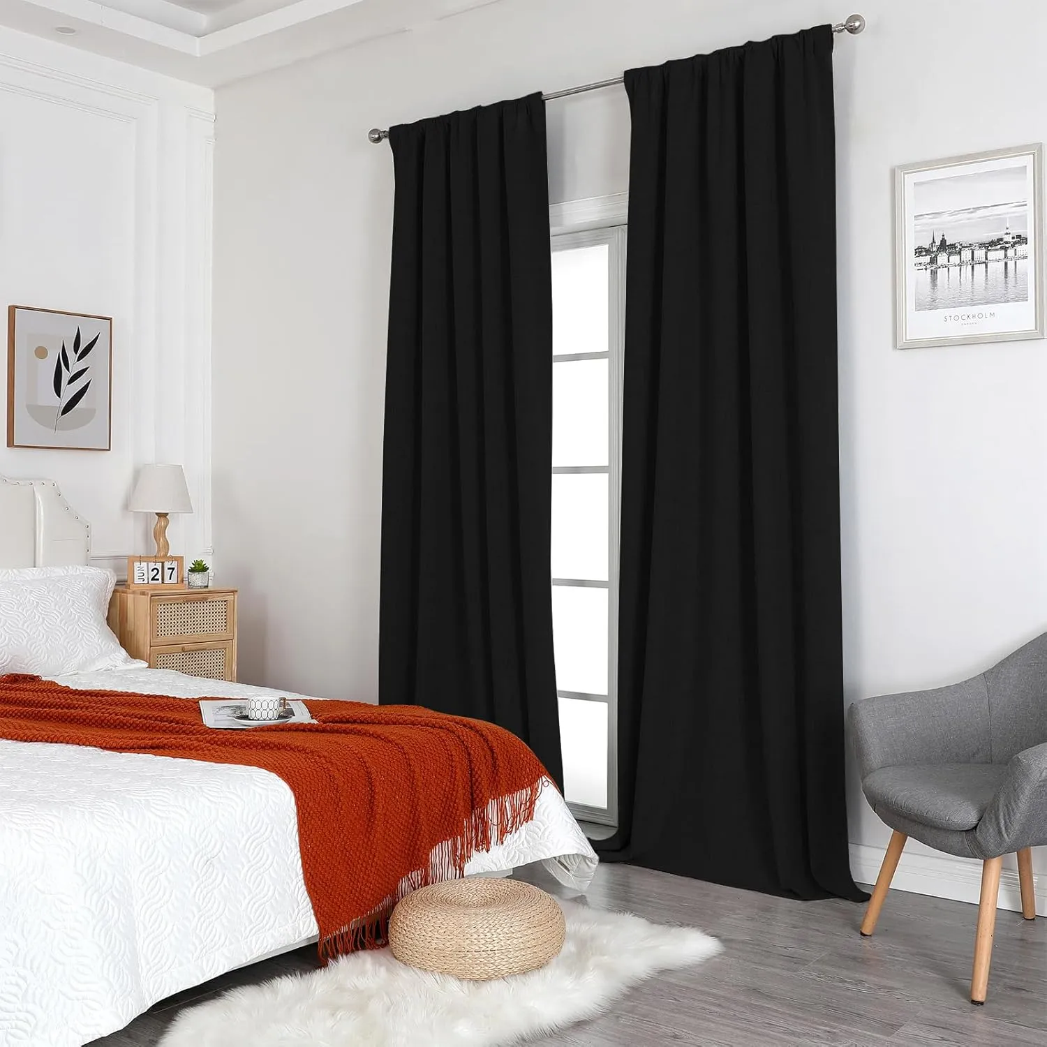 Joydeco 100% Blackout Curtains 96 inches Long White Linen Curtains 2 Panels Set Burg for Bedroom Living Room Black Out Darkening Thermal Insulated Back tab Rod Pocket(52x 96 inch,Black)