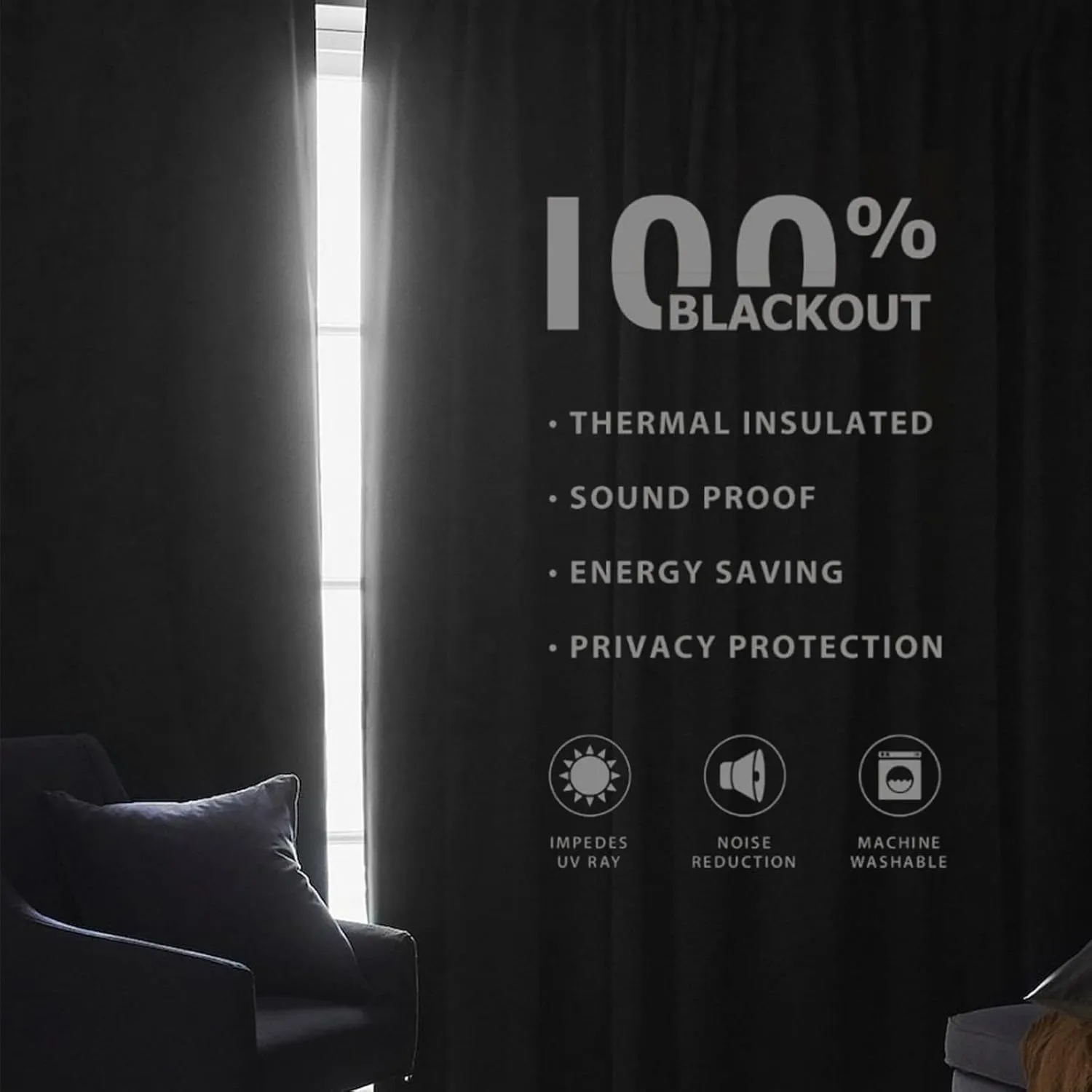 Joydeco 100% Blackout Curtains 96 inches Long White Linen Curtains 2 Panels Set Burg for Bedroom Living Room Black Out Darkening Thermal Insulated Back tab Rod Pocket(52x 96 inch,Black)