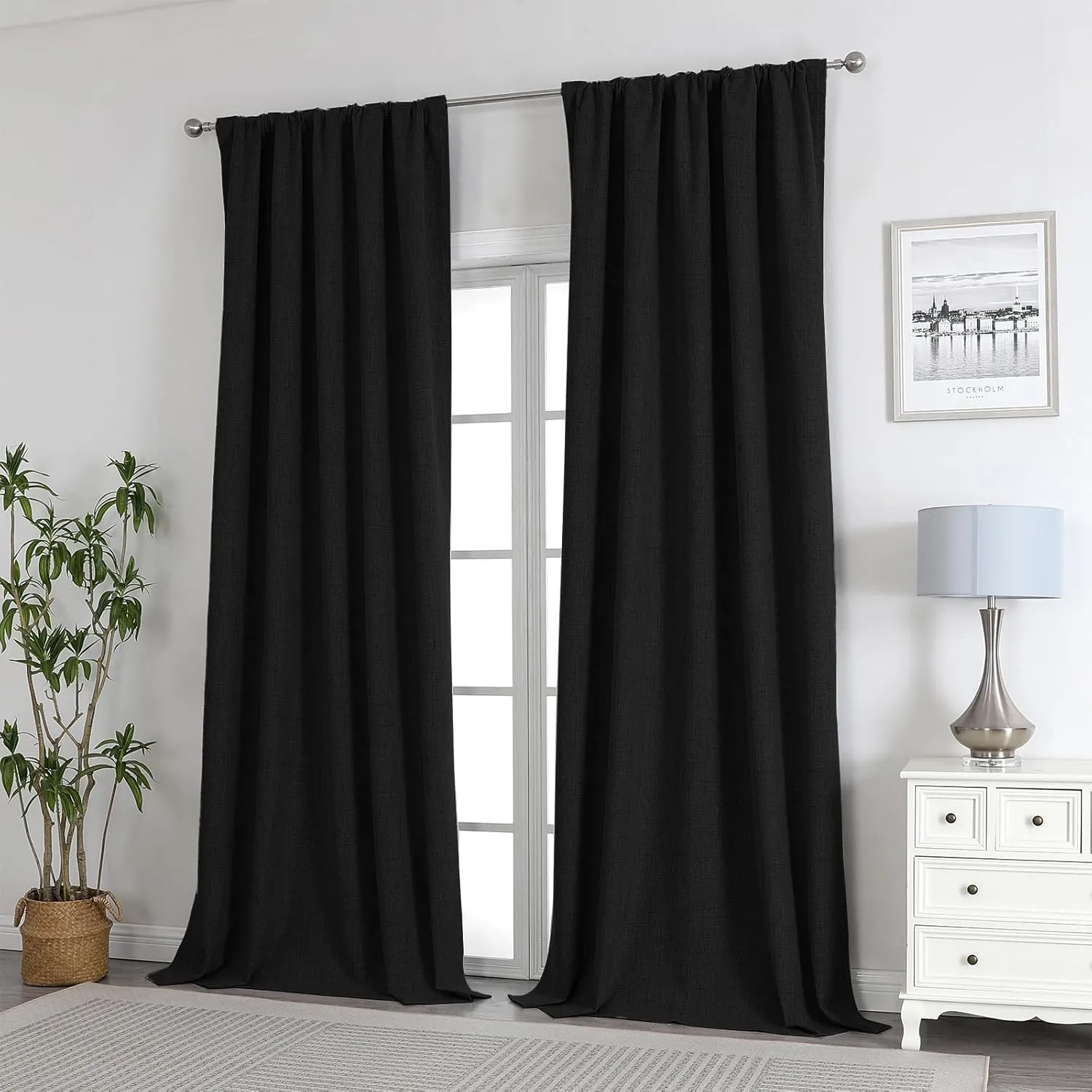 Joydeco 100% Blackout Curtains 96 inches Long White Linen Curtains 2 Panels Set Burg for Bedroom Living Room Black Out Darkening Thermal Insulated Back tab Rod Pocket(52x 96 inch,Black)