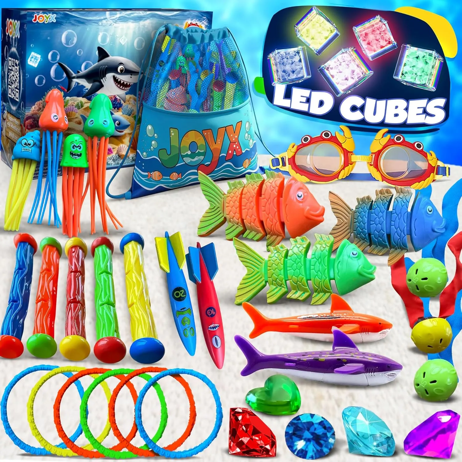 JoyX 35-Piece Diving Pool Toys Set for Kids Ages 4–12 – Includes LED Light Cubes, Goggles, Rings, Gems & Toypedo Bandits – Swim & Dive Training Set with Storage Bag for Pool Fun