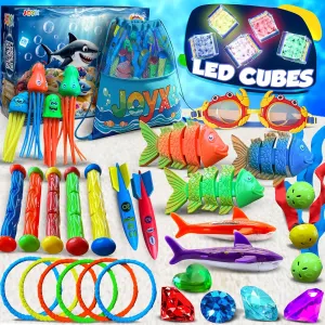 JoyX 35-Piece Diving Pool Toys Set for Kids Ages 4–12 – Includes LED Light Cubes, Goggles, Rings, Gems & Toypedo Bandits – Swim & Dive Training Set with Storage Bag for Pool Fun