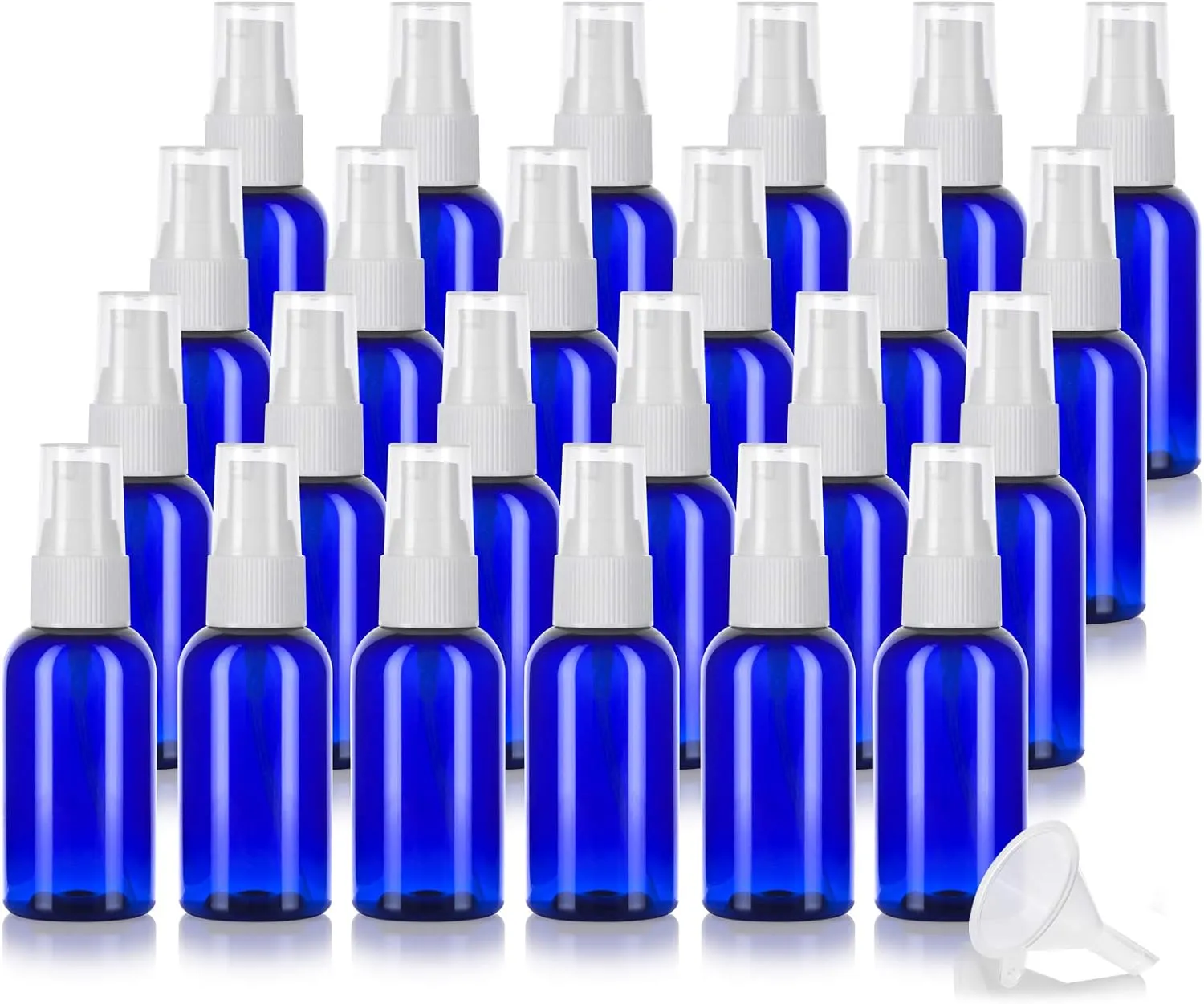 JUVITUS Cobalt Blue 1 oz / 30 ml Boston Round PET (BPA Free) Plastic Bottle with White Treatment Pump (24 pack)   Funnel