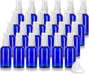 JUVITUS Cobalt Blue 1 oz / 30 ml Boston Round PET (BPA Free) Plastic Bottle with White Treatment Pump (24 pack)   Funnel