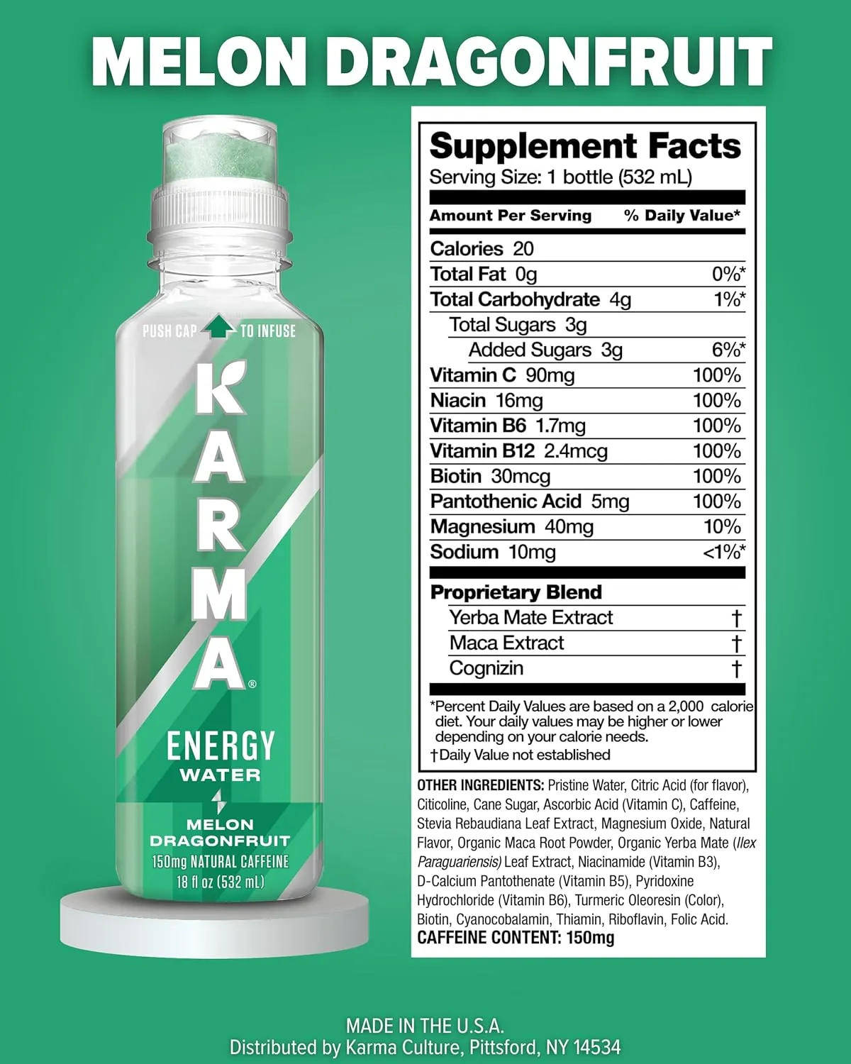 Karma Natural Energy Drink - 12 Pack, Melon Dragonfruit Caffeinated Water - Clean Focus & Energy Boost
