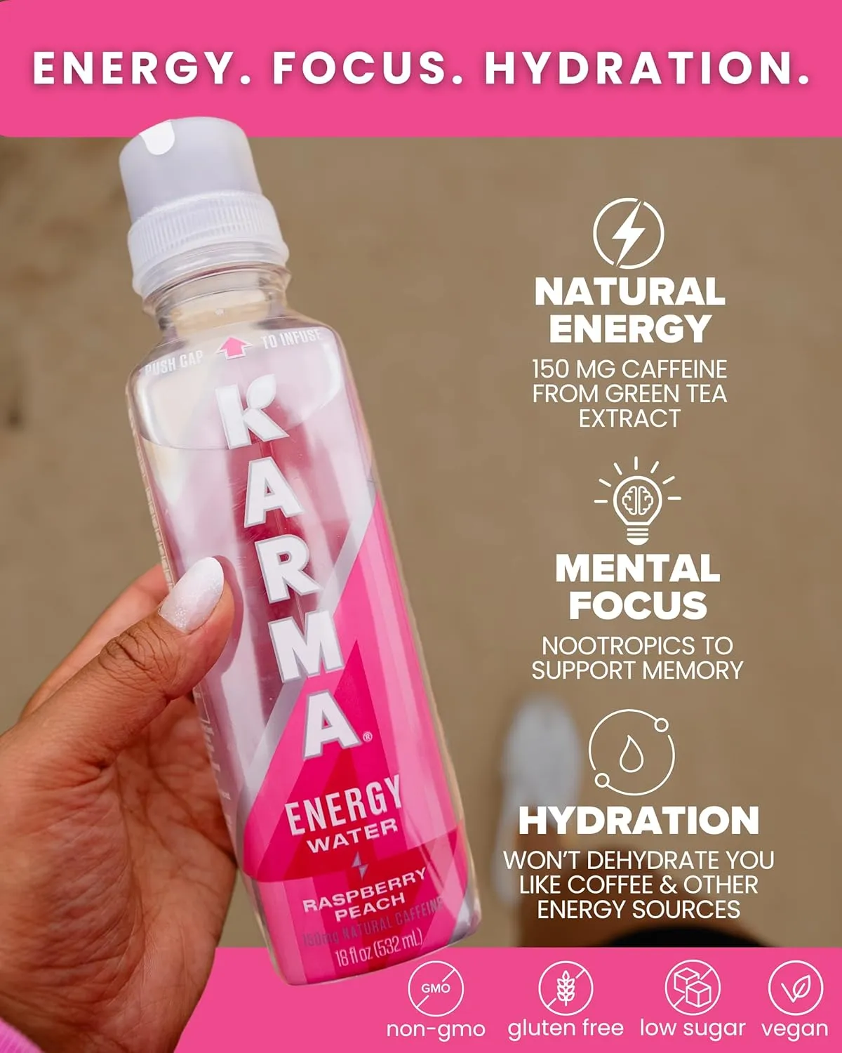 Karma Natural Energy Drink - 12 Pack, Melon Dragonfruit Caffeinated Water - Clean Focus & Energy Boost