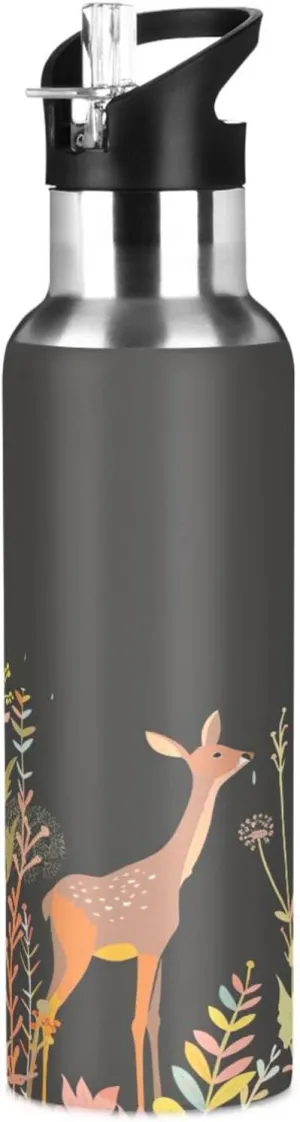 Kigai Deer Flower Insulated Water Bottle with Straw Lid BPA-Free 20 oz Double Wall Vacuum Stainless Steel Leakproof Sports Water Bottle for Travel Fitness Gym