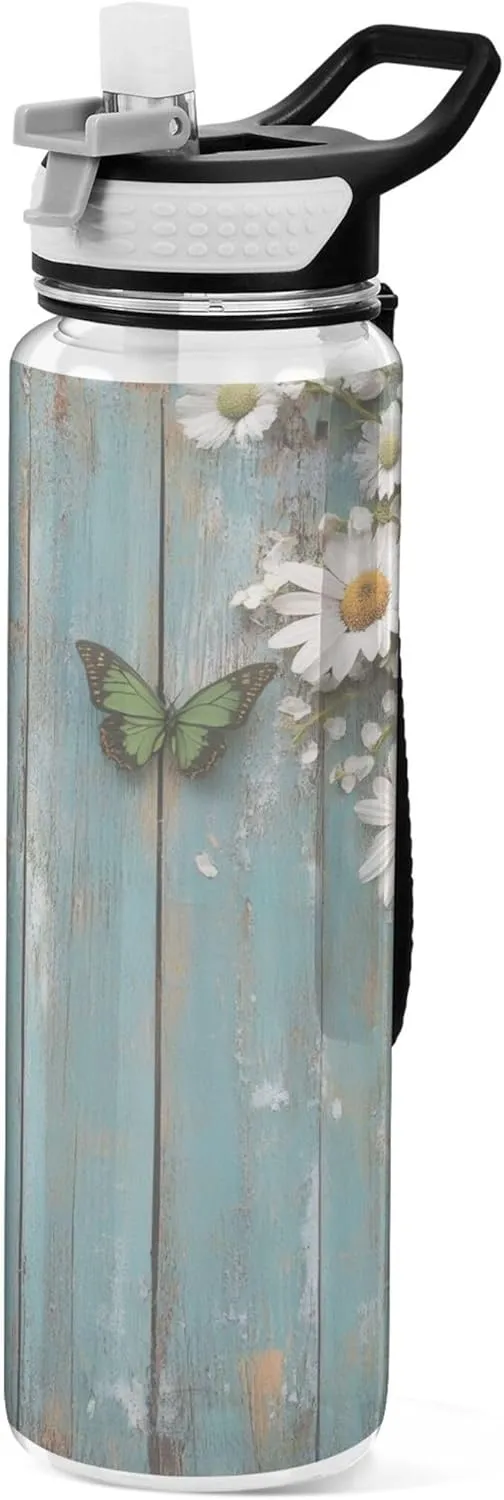 Kigai Transparent Sports Water Bottle 32oz, Daisy Flowers on Wood Leakproof Wide Mouth Water Bottle with Straw, BPA Free Water Jug with Detachable Strap & Handle for Fitness Gym Outdoor