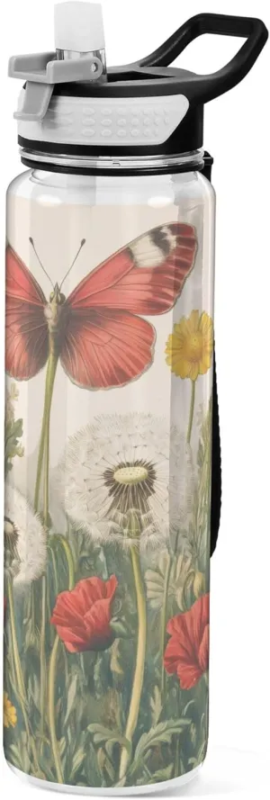 Kigai Transparent Sports Water Bottle 32oz, Flowers Twigs Butterfly Leakproof Wide Mouth Water Bottle with Straw, BPA Free Water Jug with Detachable Strap & Handle for Fitness Gym Outdoor