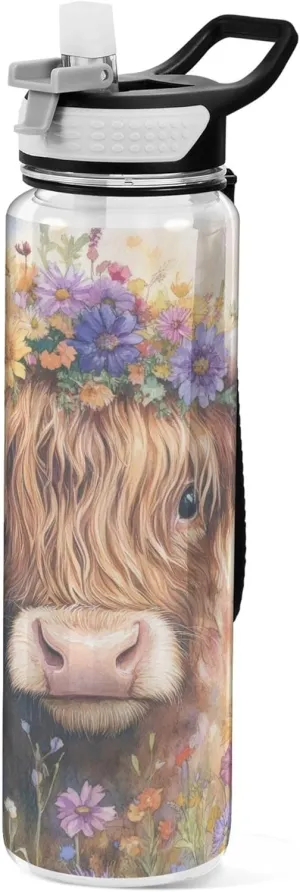 Kigai Transparent Sports Water Bottle 32oz, Highland Cow with Flowers Leakproof Wide Mouth Water Bottle with Straw, BPA Free Water Jug with Detachable Strap & Handle for Fitness Gym Outdoor