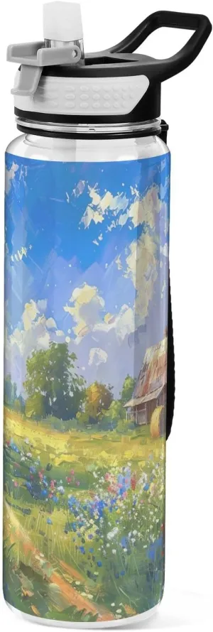 Kigai Transparent Sports Water Bottle 32oz, House in The Village Leakproof Wide Mouth Water Bottle with Straw, BPA Free Water Jug with Detachable Strap & Handle for Fitness Gym Outdoor