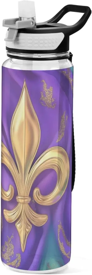Kigai Transparent Sports Water Bottle 32oz, Mardi Gras Fleur-de-lis Leakproof Wide Mouth Water Bottle with Straw, BPA Free Water Jug with Detachable Strap & Handle for Fitness Gym Outdoor