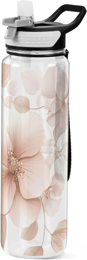 Kigai Transparent Sports Water Bottle 32oz, Red Hearts Flowers Leakproof Wide Mouth Water Bottle with Straw, BPA Free Water Jug with Detachable Strap & Handle for Fitness Gym Outdoor