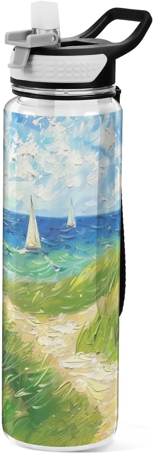 Kigai Transparent Sports Water Bottle 32oz, Sailboats Grass Painting Leakproof Wide Mouth Water Bottle with Straw, BPA Free Water Jug with Detachable Strap & Handle for Fitness Gym Outdoor