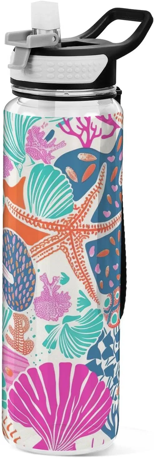 Kigai Transparent Sports Water Bottle 32oz, Seashells Starfish Leakproof Wide Mouth Water Bottle with Straw, BPA Free Water Jug with Detachable Strap & Handle for Fitness Gym Outdoor