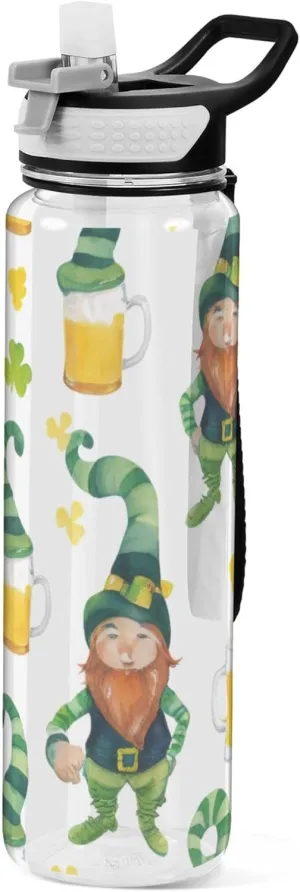 Kigai Transparent Sports Water Bottle 32oz, St. Patrick Gnome Leakproof Wide Mouth Water Bottle with Straw, BPA Free Water Jug with Detachable Strap & Handle for Fitness Gym Outdoor