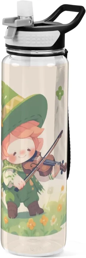 Kigai Transparent Sports Water Bottle 32oz, St. Patrick Gnomes Leakproof Wide Mouth Water Bottle with Straw, BPA Free Water Jug with Detachable Strap & Handle for Fitness Gym Outdoor
