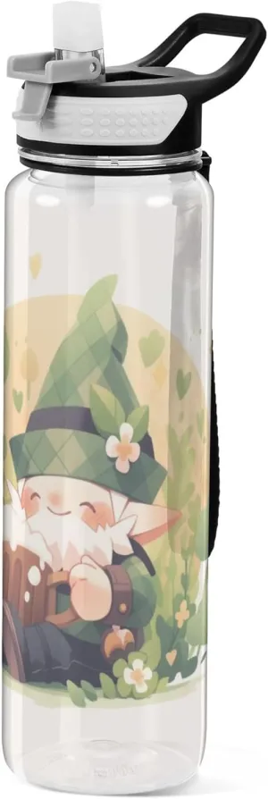Kigai Transparent Sports Water Bottle 32oz, St. Patrick Gnomes Leakproof Wide Mouth Water Bottle with Straw, BPA Free Water Jug with Detachable Strap & Handle for Fitness Gym Outdoor
