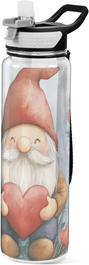 Kigai Transparent Sports Water Bottle 32oz, Valentine Gnome Flower Leakproof Wide Mouth Water Bottle with Straw, BPA Free Water Jug with Detachable Strap & Handle for Fitness Gym Outdoor