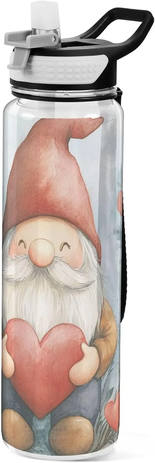 Kigai Transparent Sports Water Bottle 32oz, Valentine Gnome Flower Leakproof Wide Mouth Water Bottle with Straw, BPA Free Water Jug with Detachable Strap & Handle for Fitness Gym Outdoor