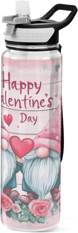Kigai Transparent Sports Water Bottle 32oz, Valentine Gnome Lovers Leakproof Wide Mouth Water Bottle with Straw, BPA Free Water Jug with Detachable Strap & Handle for Fitness Gym Outdoor