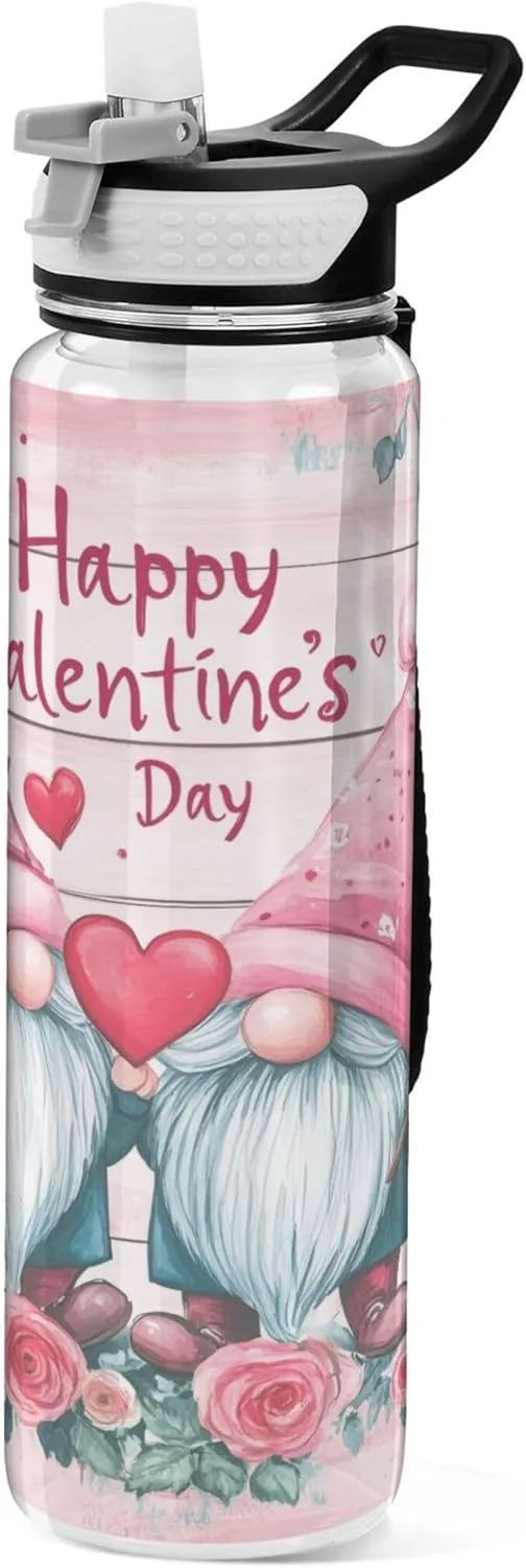 Kigai Transparent Sports Water Bottle 32oz, Valentine Gnome Lovers Leakproof Wide Mouth Water Bottle with Straw, BPA Free Water Jug with Detachable Strap & Handle for Fitness Gym Outdoor