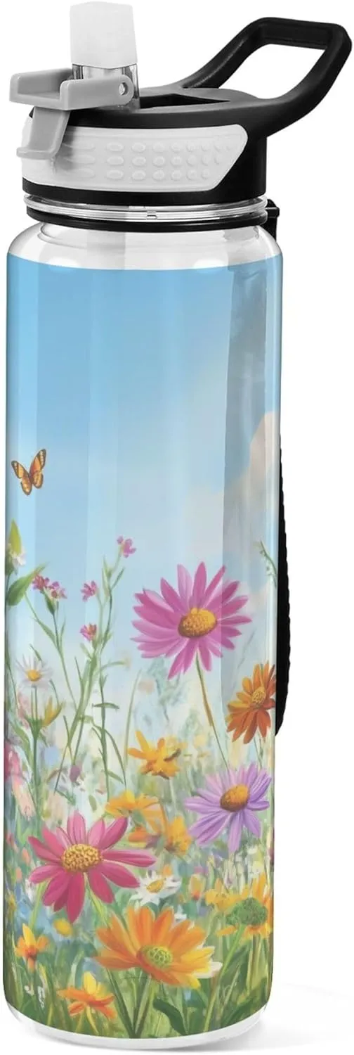 Kigai Transparent Sports Water Bottle 32oz, Wildflowers in Spring Leakproof Wide Mouth Water Bottle with Straw, BPA Free Water Jug with Detachable Strap & Handle for Fitness Gym Outdoor