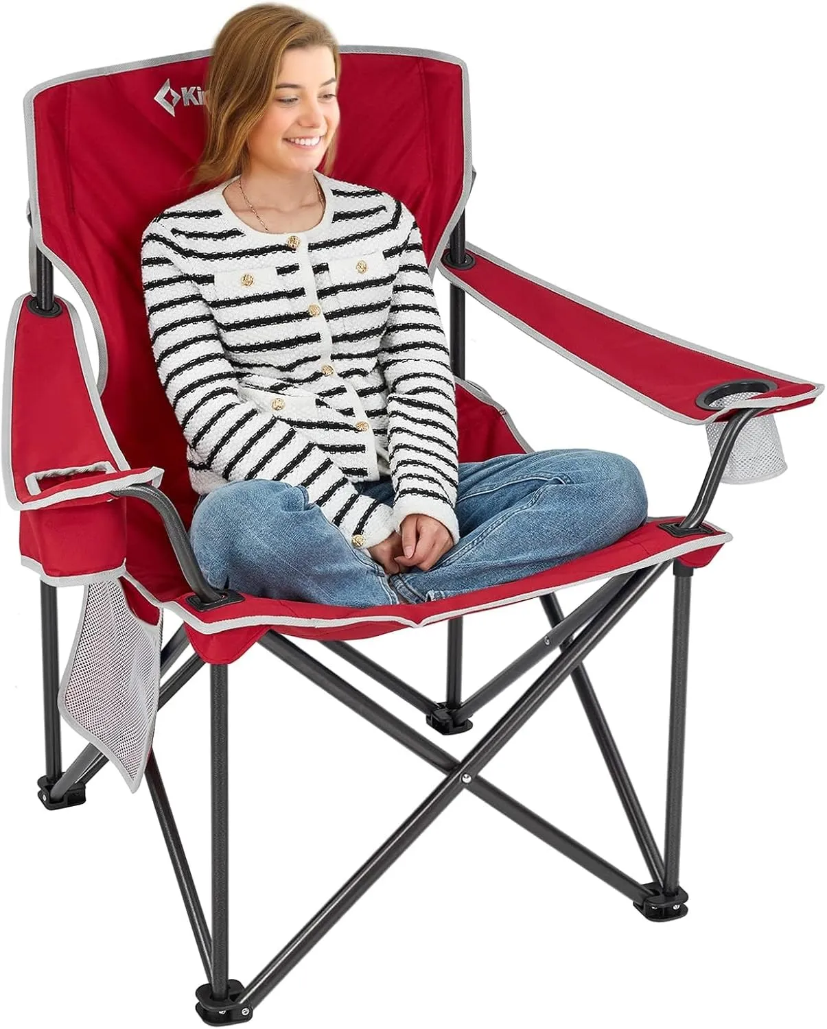 KingCamp Oversized Camping Chair, Portable Folding Outdoor Chairs with Comfortable Padded Seat, Side Pocket and Cup Holder for Fishing, Tailgates, Beach, Lawn, RED