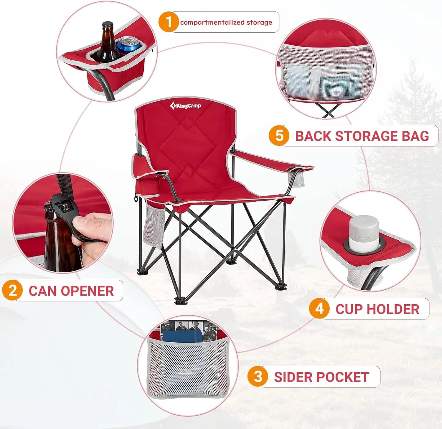 KingCamp Oversized Camping Chair, Portable Folding Outdoor Chairs with Comfortable Padded Seat, Side Pocket and Cup Holder for Fishing, Tailgates, Beach, Lawn, RED