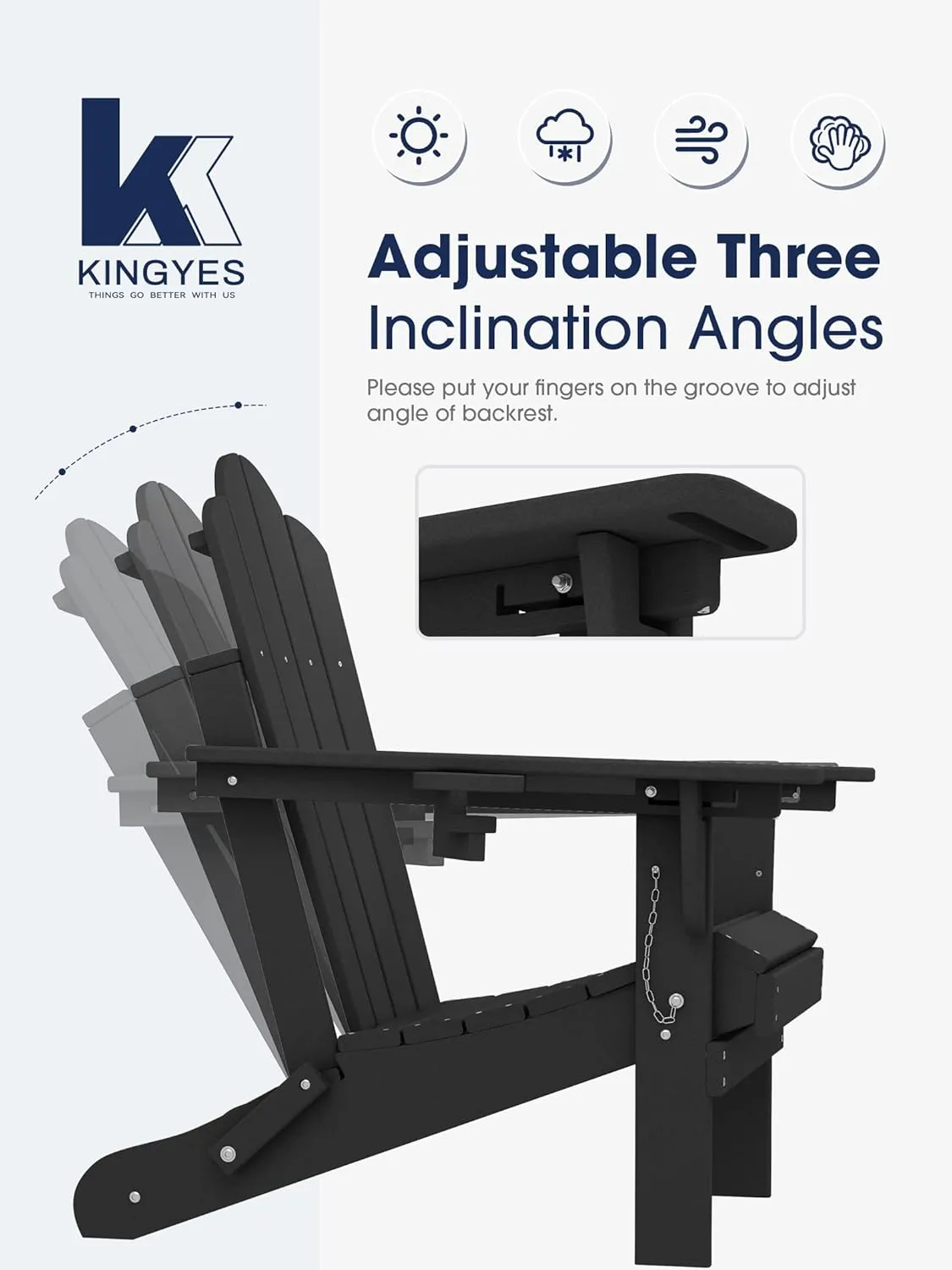 KINGYES Folding Adjustable Backrest Adirondack Chair With Cup Holder, Oversized Weather Resistant HDPE Reclining for Adults, Black