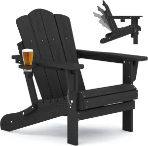 KINGYES Folding Adjustable Backrest Adirondack Chair With Cup Holder, Oversized Weather Resistant HDPE Reclining for Adults, Black