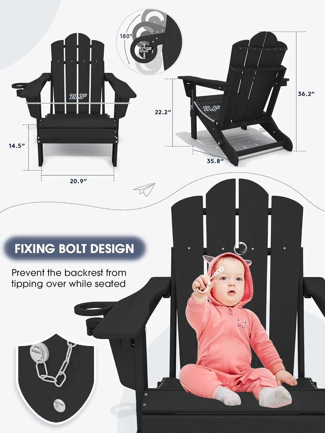 KINGYES Folding Adjustable Backrest Adirondack Chair With Cup Holder, Oversized Weather Resistant HDPE Reclining for Adults, Black