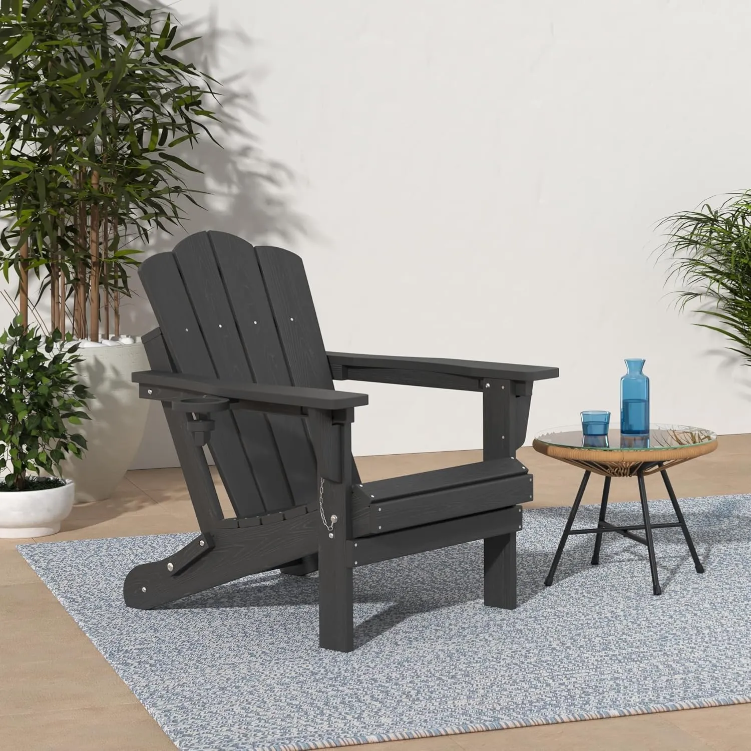 KINGYES Folding Adjustable Backrest Adirondack Chair With Cup Holder, Oversized Weather Resistant HDPE Reclining for Adults, Black