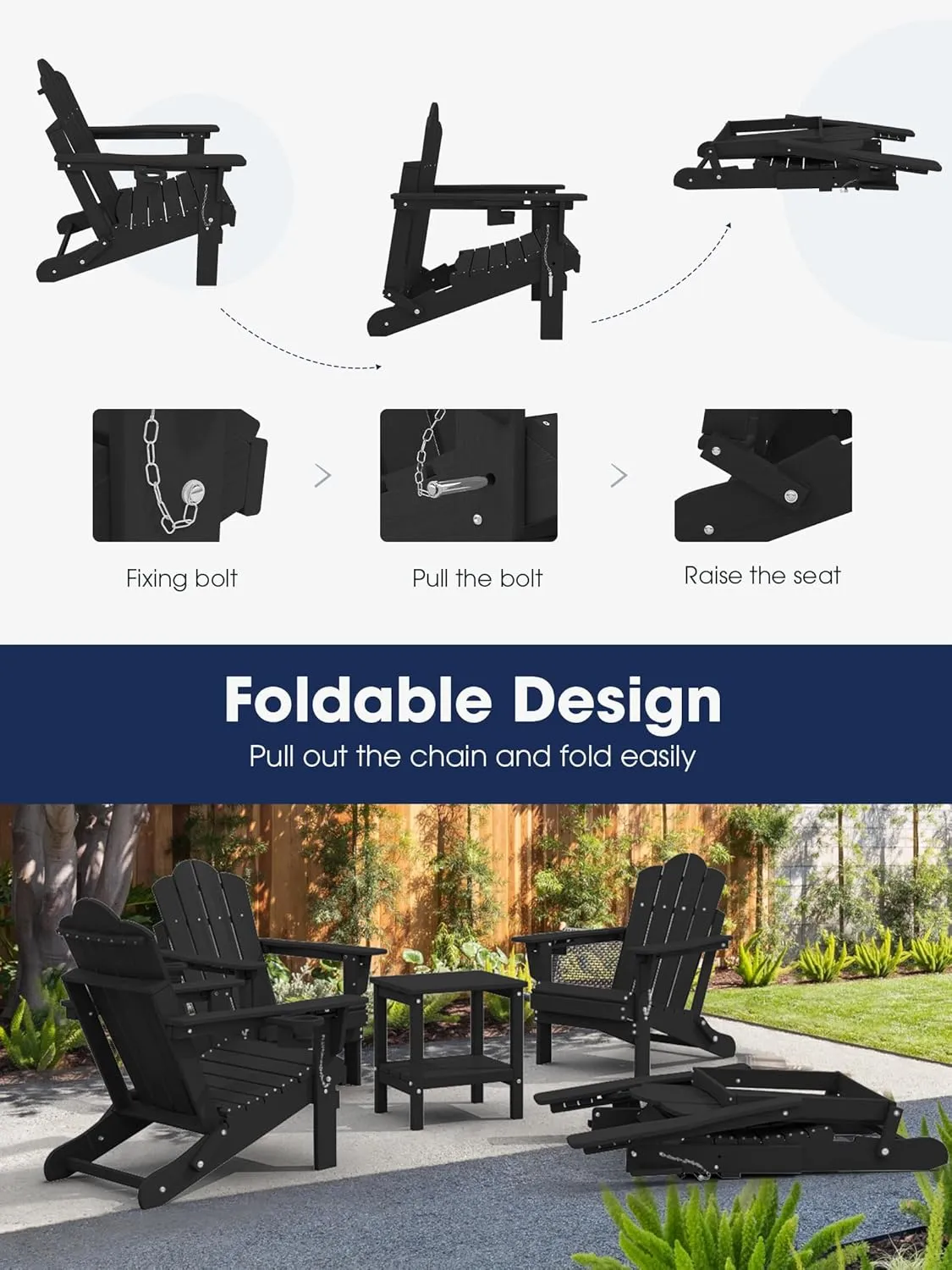 KINGYES Folding Adjustable Backrest Adirondack Chair With Cup Holder, Oversized Weather Resistant HDPE Reclining for Adults, Black
