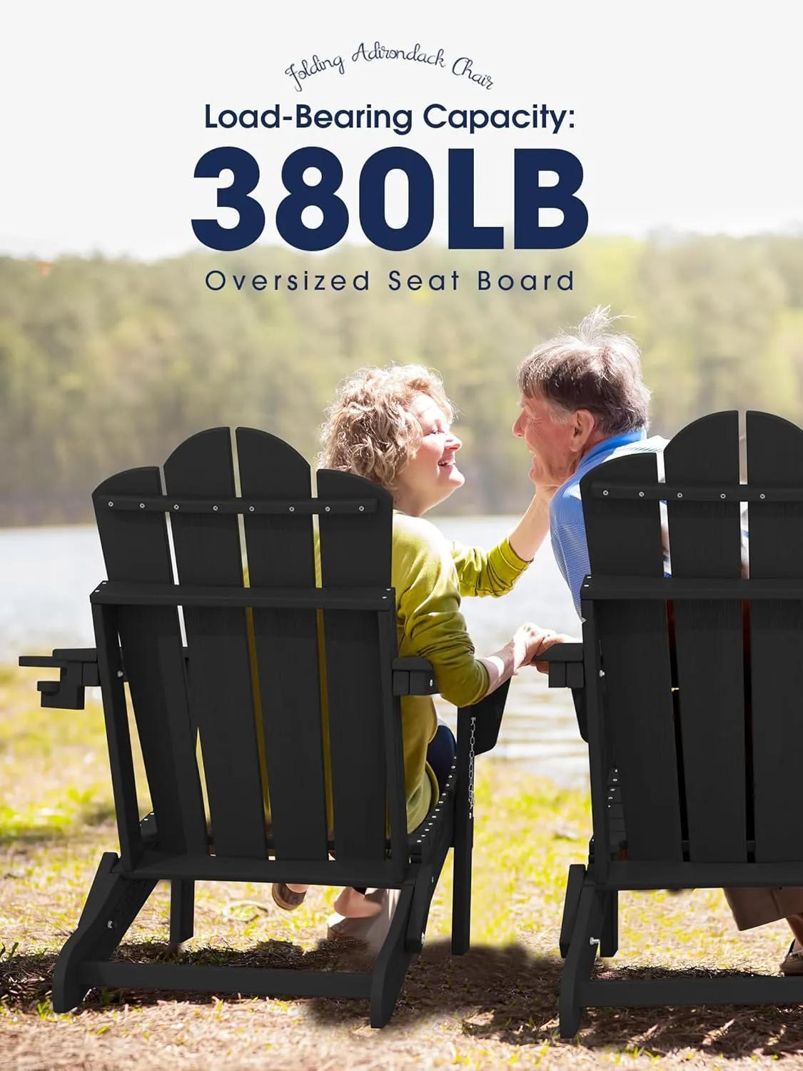 KINGYES Folding Adjustable Backrest Adirondack Chair With Cup Holder, Oversized Weather Resistant HDPE Reclining for Adults, Black