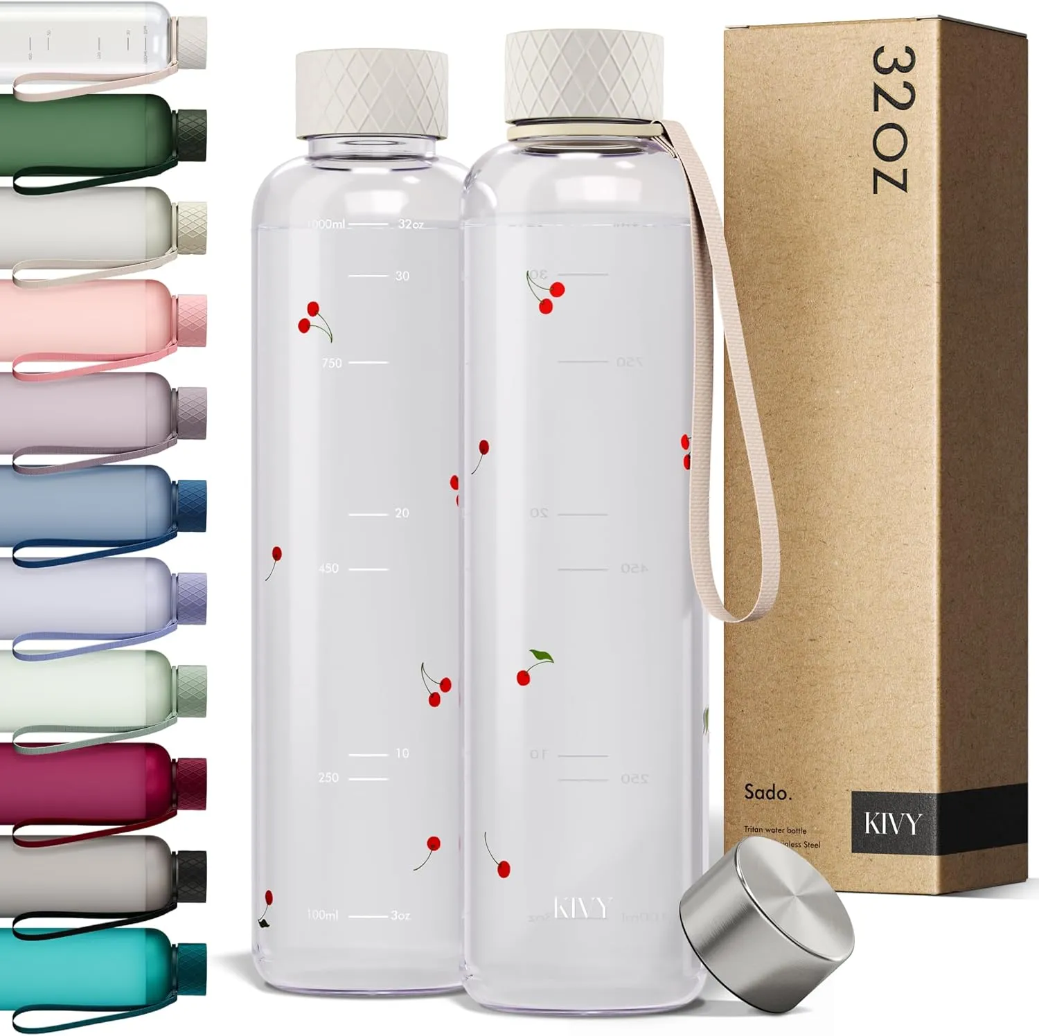 KIVY Clear water bottle 32oz [Lightweight & Shatterproof] Fits Backpack & Cupholder for Travel, Sports, School, Gym - Cute water bottle aesthetic - Cherry Edition