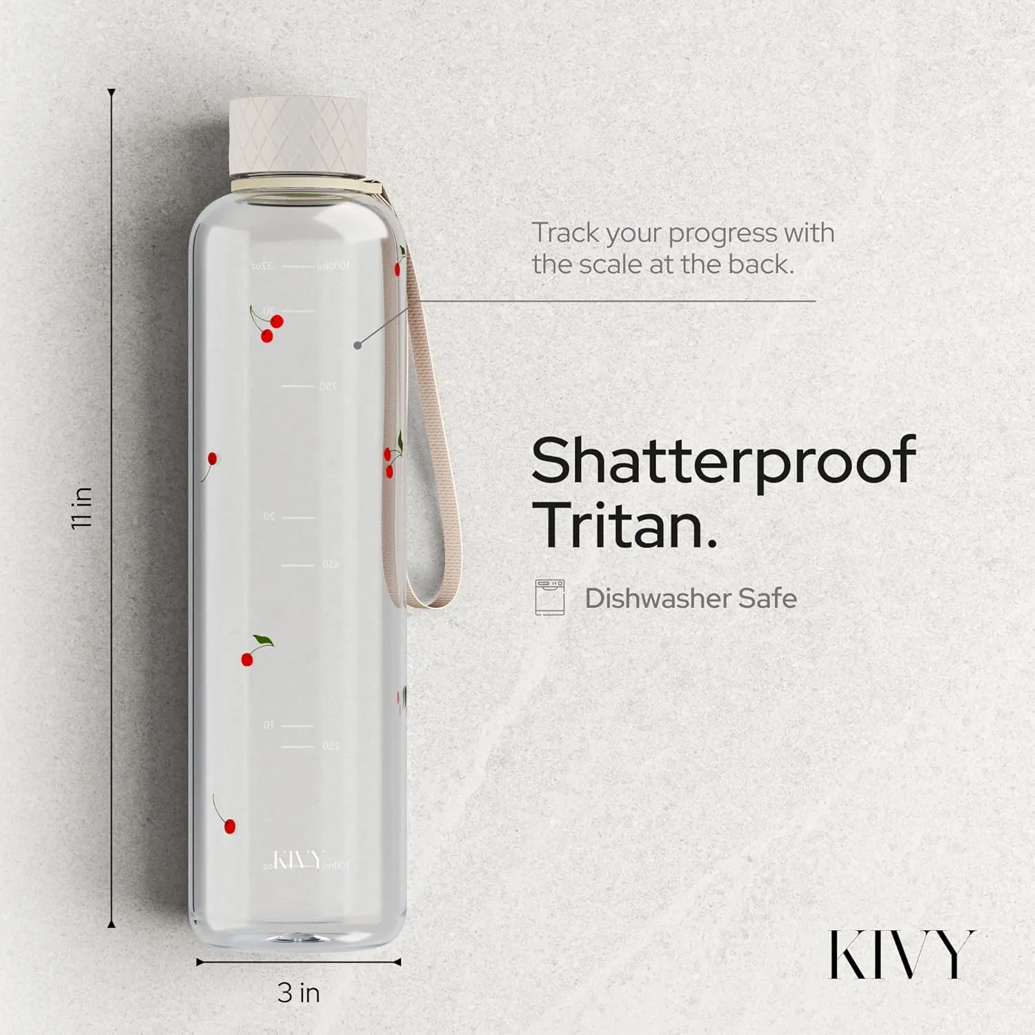 KIVY Clear water bottle 32oz [Lightweight & Shatterproof] Fits Backpack & Cupholder for Travel, Sports, School, Gym - Cute water bottle aesthetic - Cherry Edition