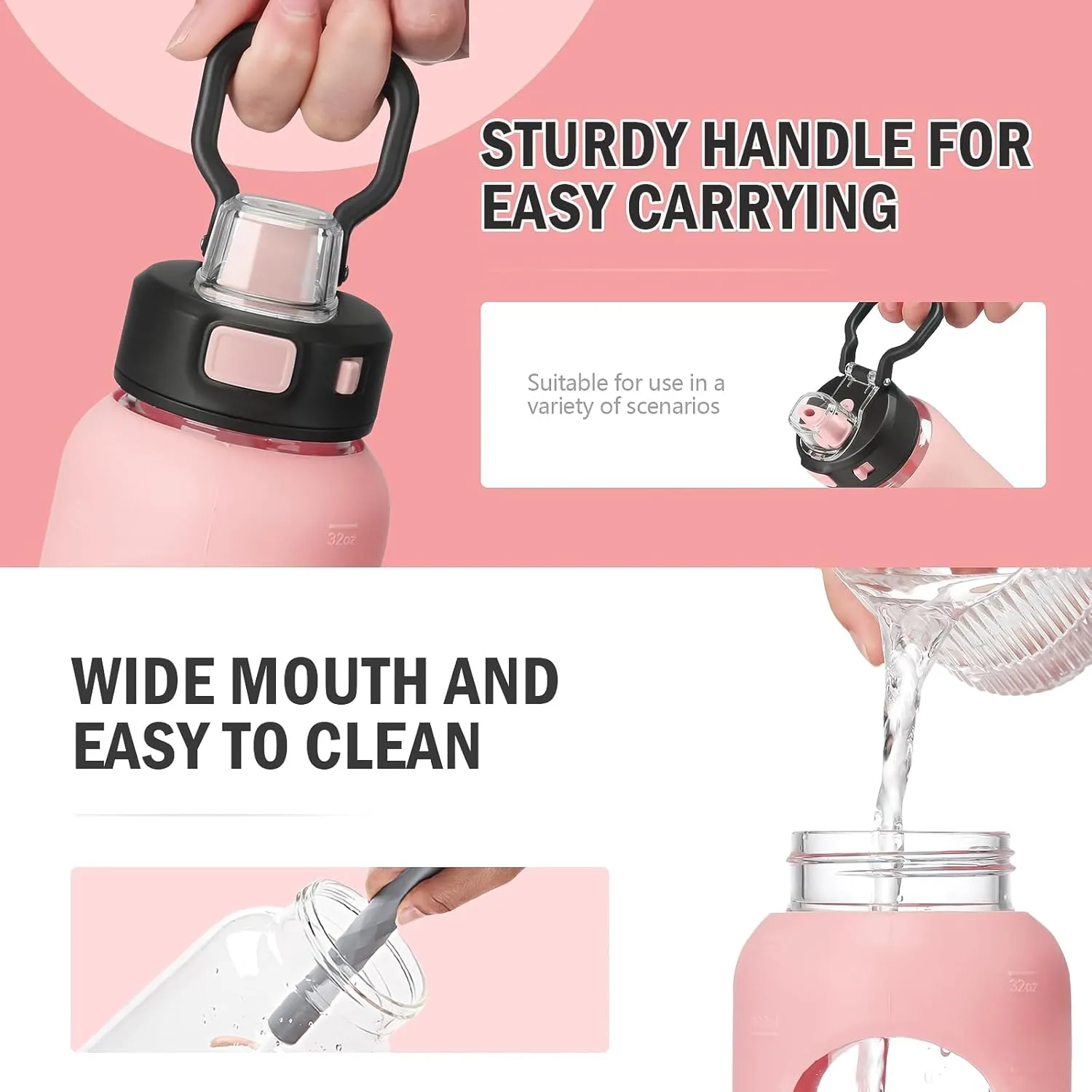 Kodrine Water Bottle With Straw and Carry Handle, Glass Water Bottle 24 oz Leak Proof Locking Lid with Soft Silicone Spout, Reusable Drinking Cups for Travel Sports with Time Marker,Pink