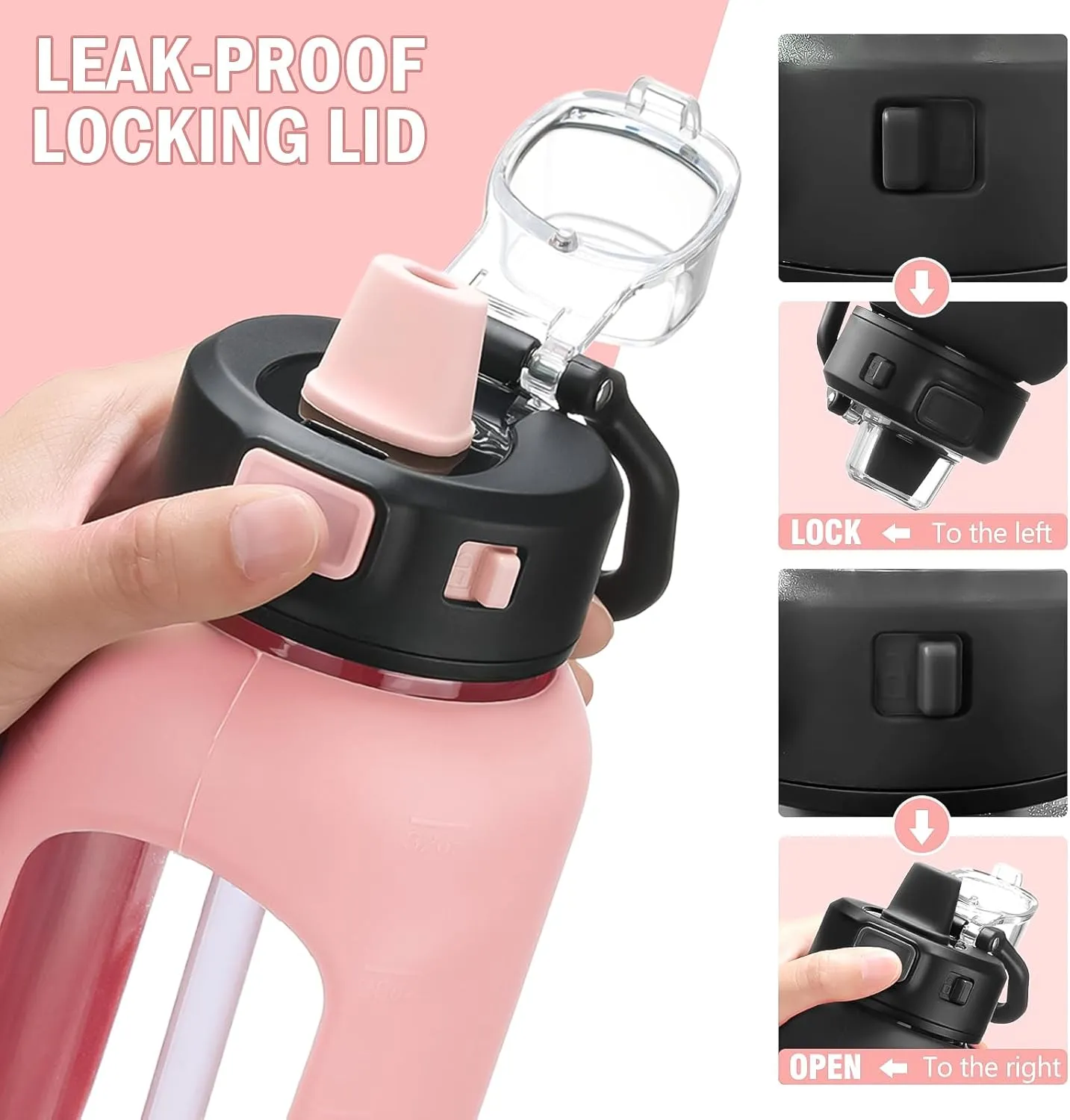 Kodrine Water Bottle With Straw and Carry Handle, Glass Water Bottle 24 oz Leak Proof Locking Lid with Soft Silicone Spout, Reusable Drinking Cups for Travel Sports with Time Marker,Pink