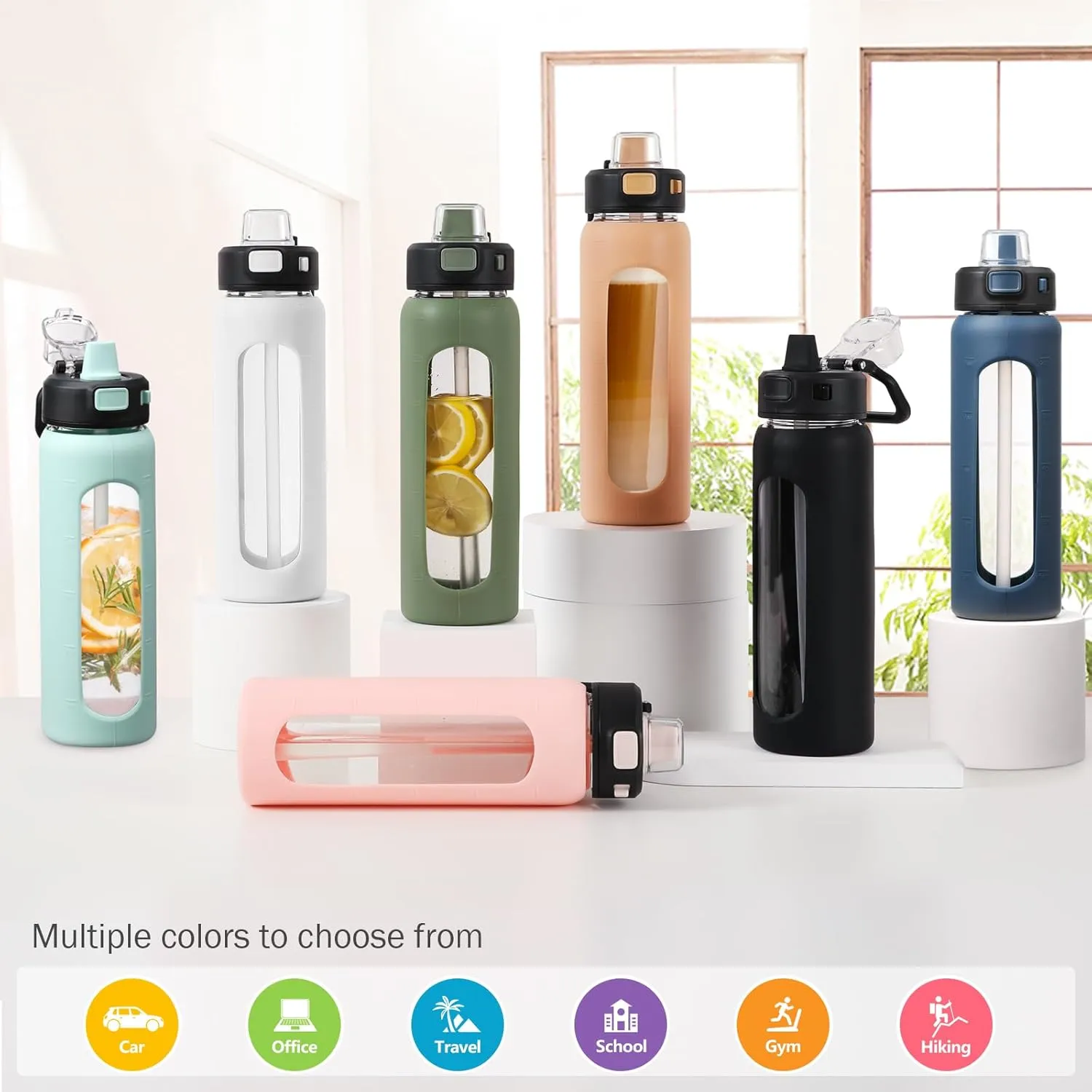 Kodrine Water Bottle With Straw and Carry Handle, Glass Water Bottle 24 oz Leak Proof Locking Lid with Soft Silicone Spout, Reusable Drinking Cups for Travel Sports with Time Marker,Pink
