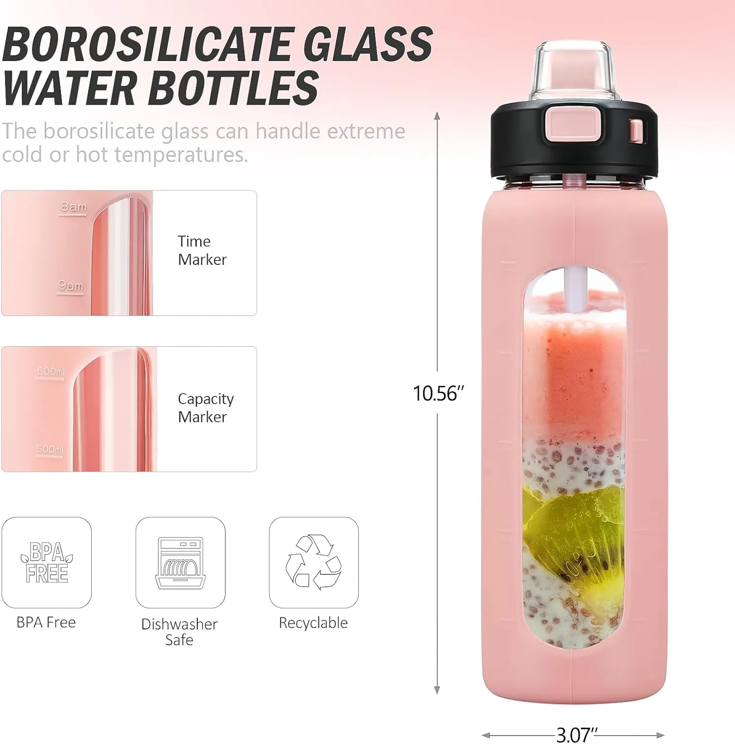 Kodrine Water Bottle With Straw and Carry Handle, Glass Water Bottle 24 oz Leak Proof Locking Lid with Soft Silicone Spout, Reusable Drinking Cups for Travel Sports with Time Marker,Pink