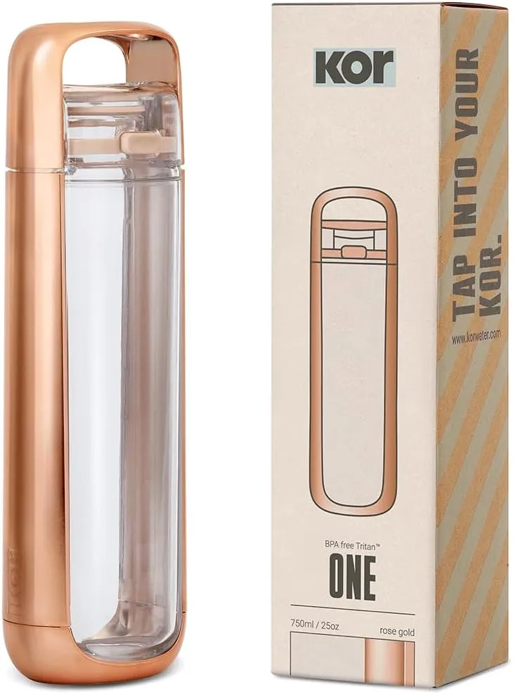 KOR ONE BPA Free Clear Reusable Water Bottle I 750mL I 25 Oz I Safe & Non-Toxic I Sustainable & Eco-Friendly I Leak Proof I One Click Cap w/ Handle I Wide Mouth I Great for Travel & Workouts