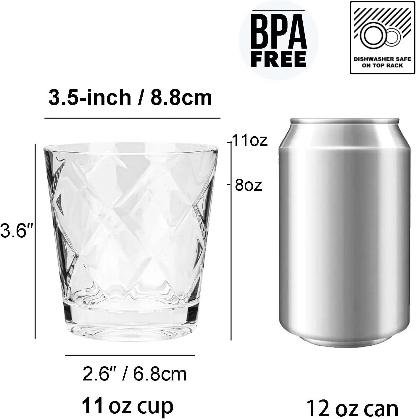 KX-WARE Arcylic Drinking Glasses, 11-ounce Plastic Tumbler Juice Cup Whiskey Glasses, set of 8 Clear
