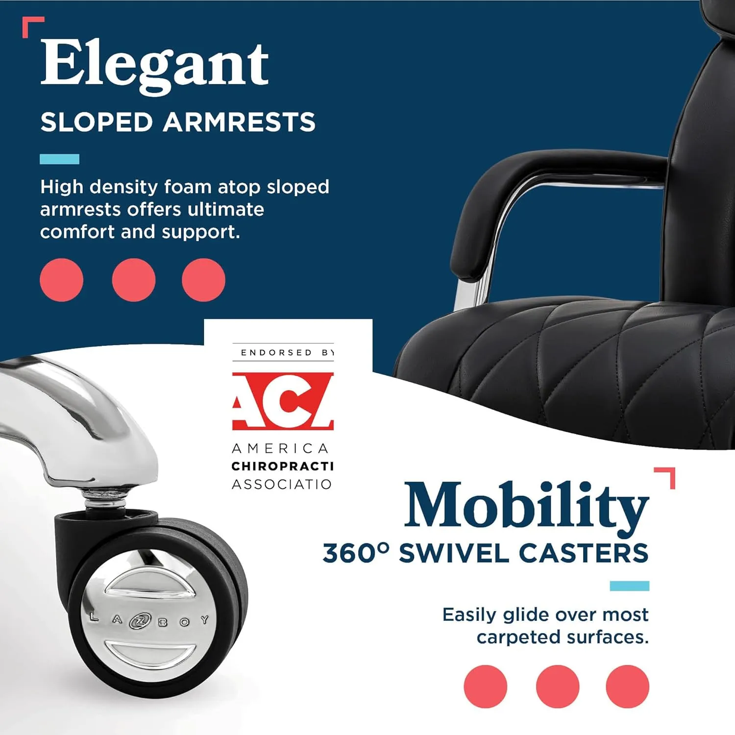 La-Z-Boy® Symphony Executive Mid-Back Office Chair, Diamond Quilt Design, Pocket Coil Cushion, Padded Armrests, Ergonomic Computer DeskChair, Swivel Metal Base, Bonded Leather, Black and Chrome