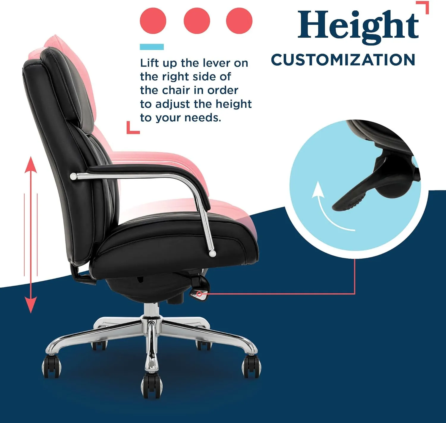 La-Z-Boy® Symphony Executive Mid-Back Office Chair, Diamond Quilt Design, Pocket Coil Cushion, Padded Armrests, Ergonomic Computer DeskChair, Swivel Metal Base, Bonded Leather, Black and Chrome