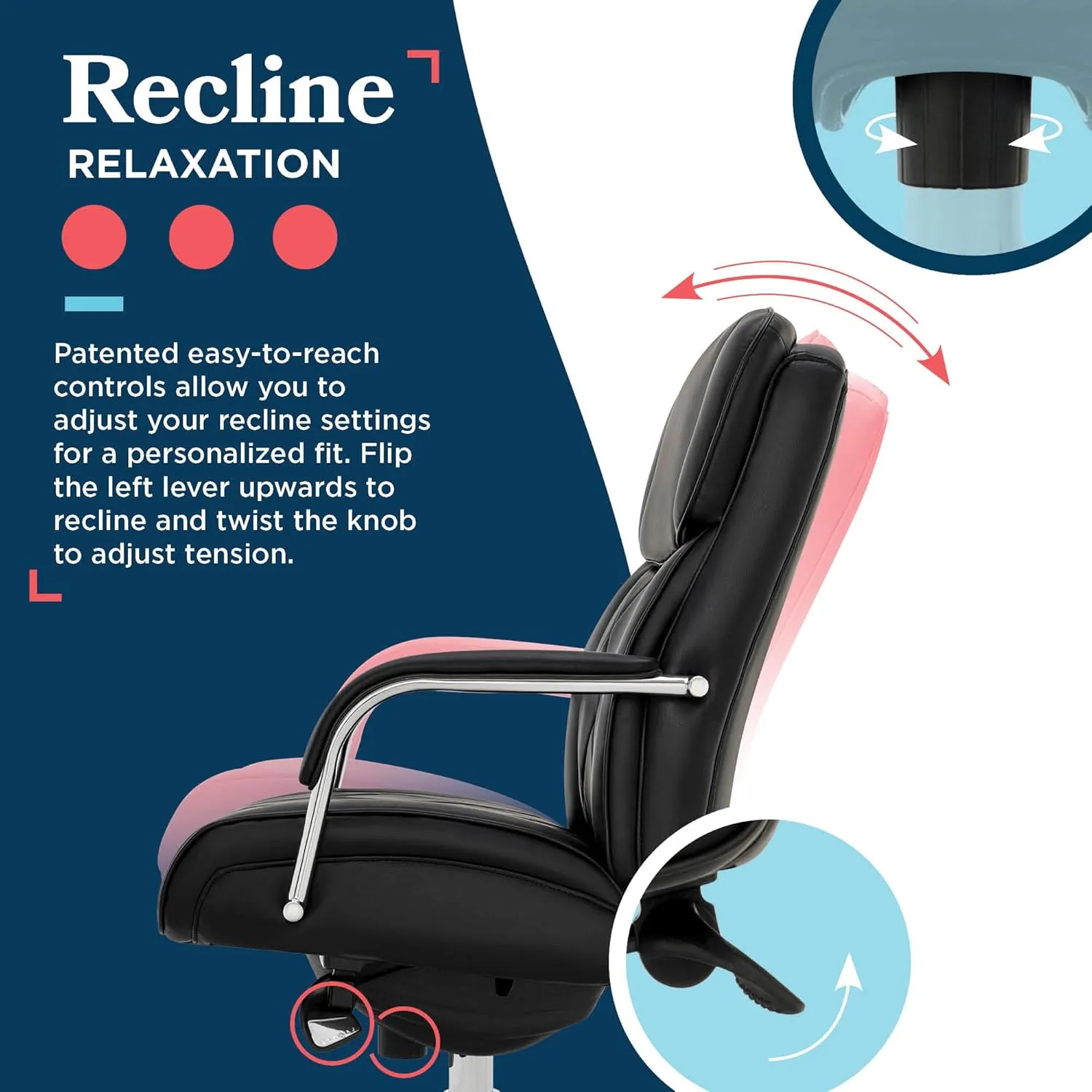 La-Z-Boy® Symphony Executive Mid-Back Office Chair, Diamond Quilt Design, Pocket Coil Cushion, Padded Armrests, Ergonomic Computer DeskChair, Swivel Metal Base, Bonded Leather, Black and Chrome