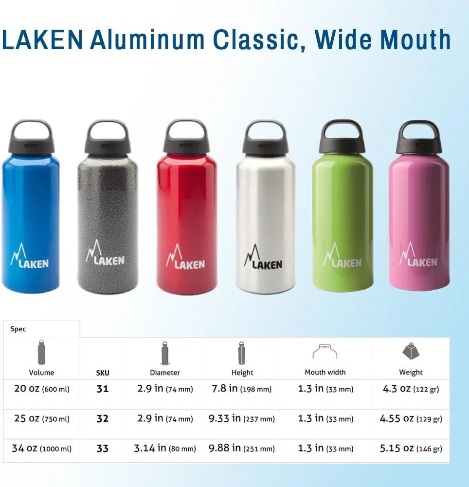 LAKEN Classic Water Bottle Wide Mouth Screw Cap with Loop - 20oz, Apple Green